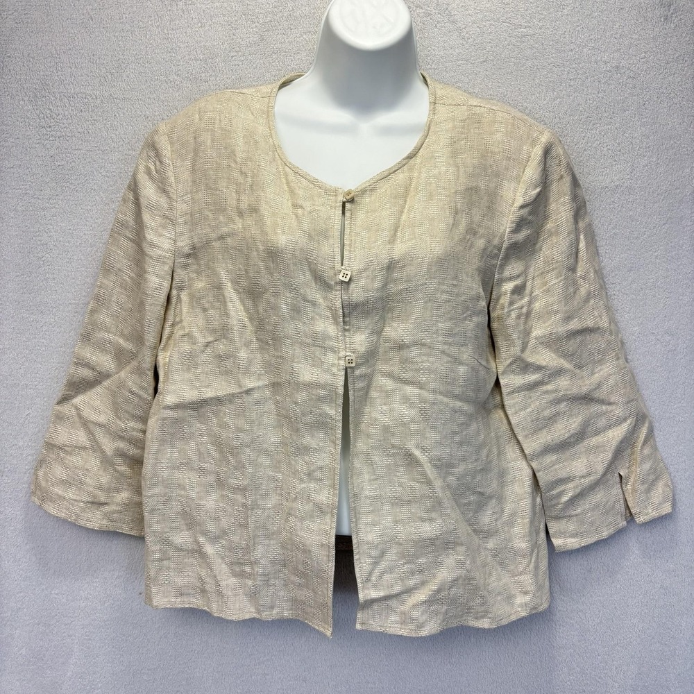 Talbots 100% Linen Textured Jacket Womens 12 Beige 3/4 Sleeve Lightweight Summer